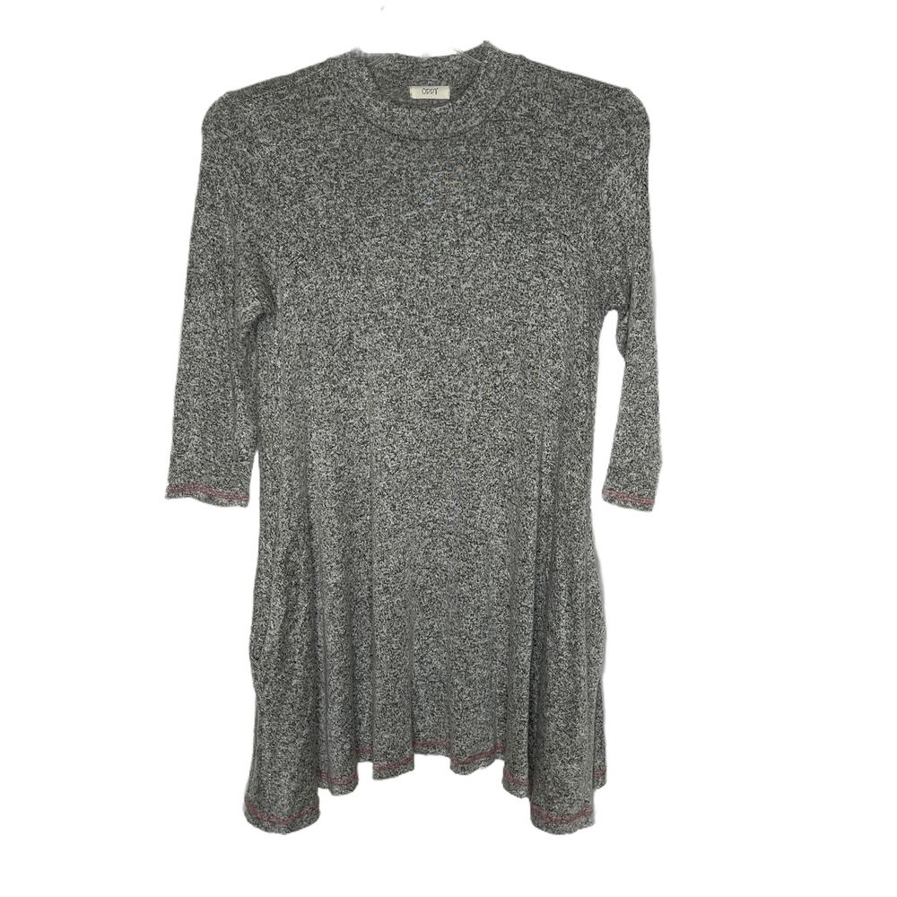 ODDY Knit Dark Gray & White Mock Turtleneck Dress 3/4 Sleeves Soft Texture Med